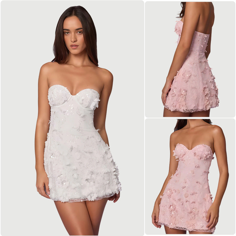 Damen Cocktailkleid mit schulterfreiem Design und floralem 3D-Applikationen Drune