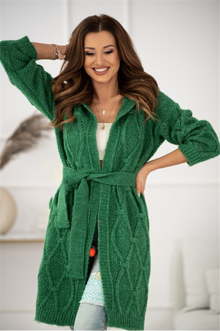 Damen Strickmantel mit Gürtel und modernem Zopfmuster Drune
