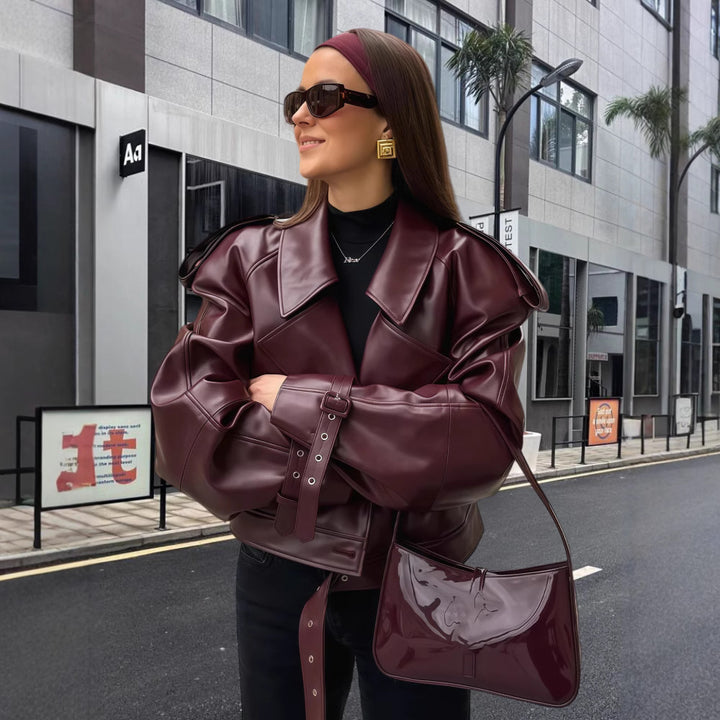 Damen oversized Kunstlederjacke mit statement-Manschetten Drune