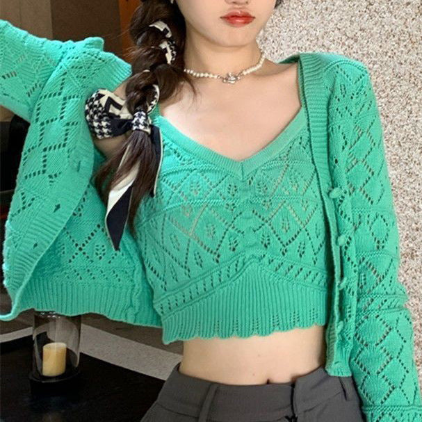 Damen Stricktop mit Luftpunkten und passendem Cardigan Drune