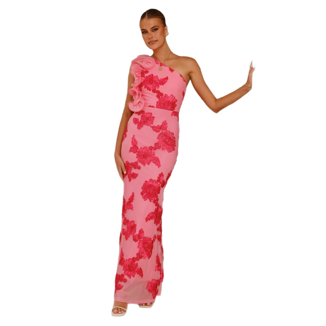 Damen Elegantes Abendkleid mit asymmetrischem Träger und floralen Applikationen Drune