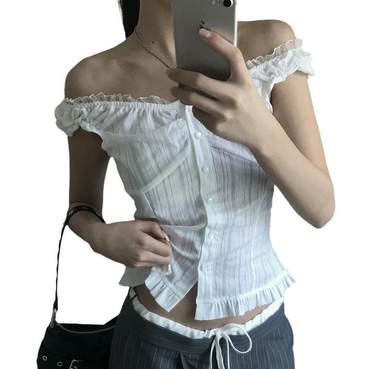 Damen Off-Shoulder Bluse mit Rüschensaum Drune