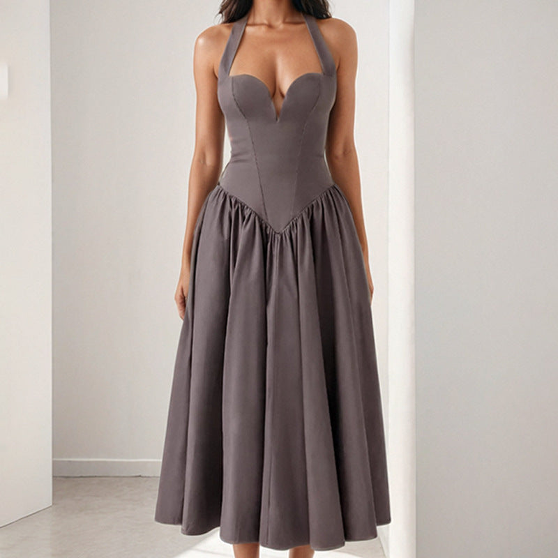 Damen Midi-Kleid mit herzförmigem Ausschnitt und voluminösem Rock Drune