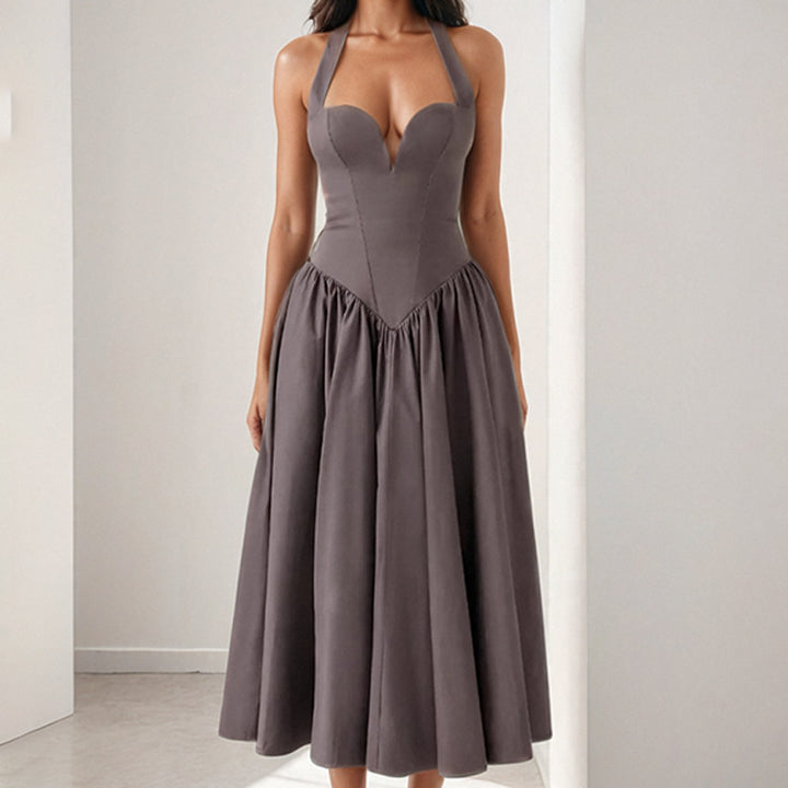 Damen Midi-Kleid mit herzförmigem Ausschnitt und voluminösem Rock Drune