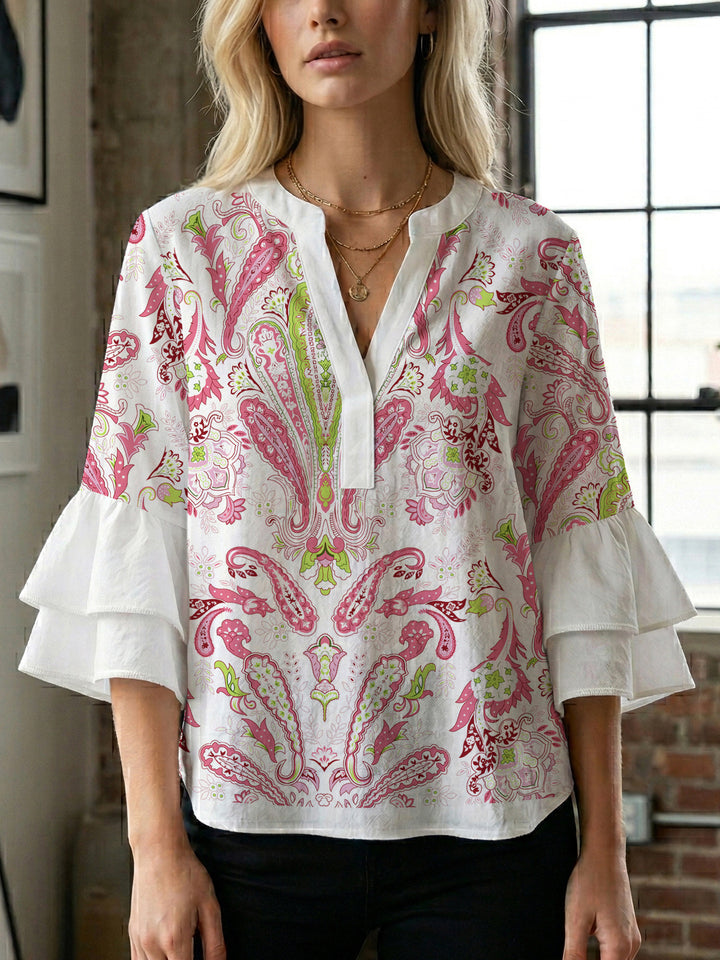 Damen elegantes Oberteil mit voluminösen Rüschensäumen und floralem Design Drune