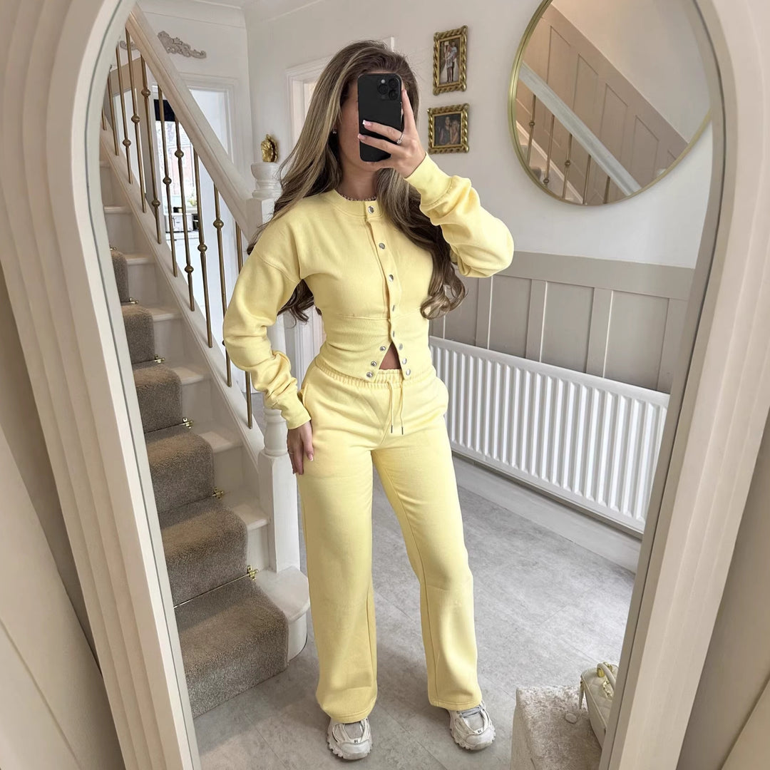 Damen gemütliches Strick-Loungewear-Set mit Knopfleiste Drune