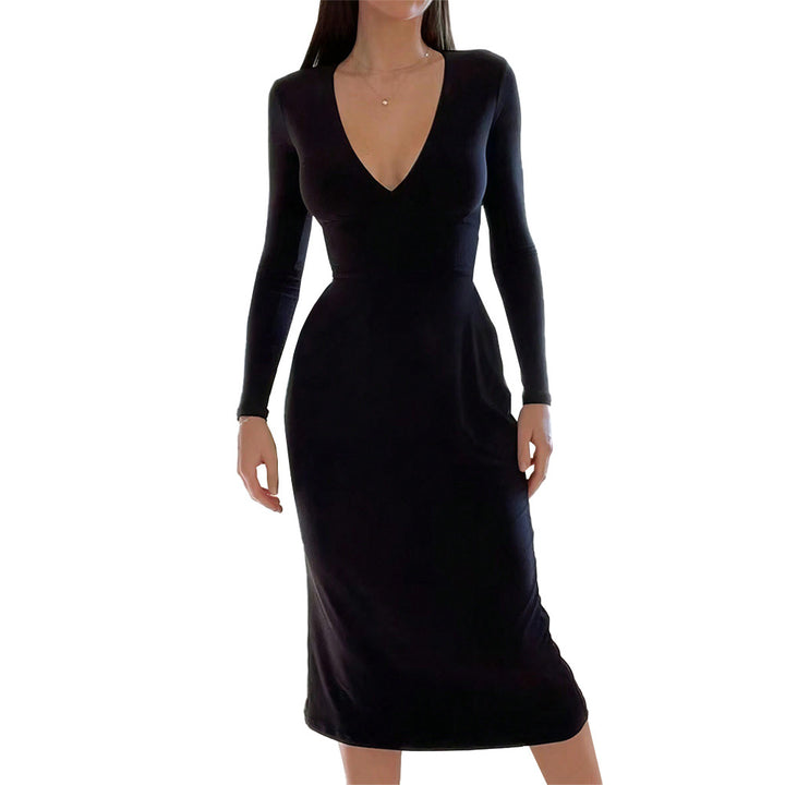 Damen elegantes Midi-Kleid mit tiefem V-Ausschnitt und langem Arm Drune