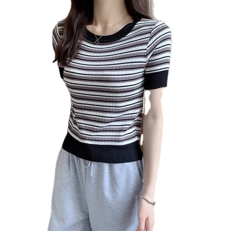 Damen Kurzarm Shirt mit modischem Streifenmuster und elastischem Saum Drune