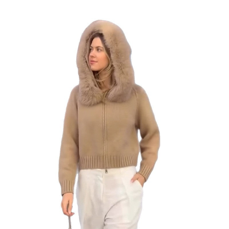 Damen Kuschelige Strickjacke mit Fellkragen Drune