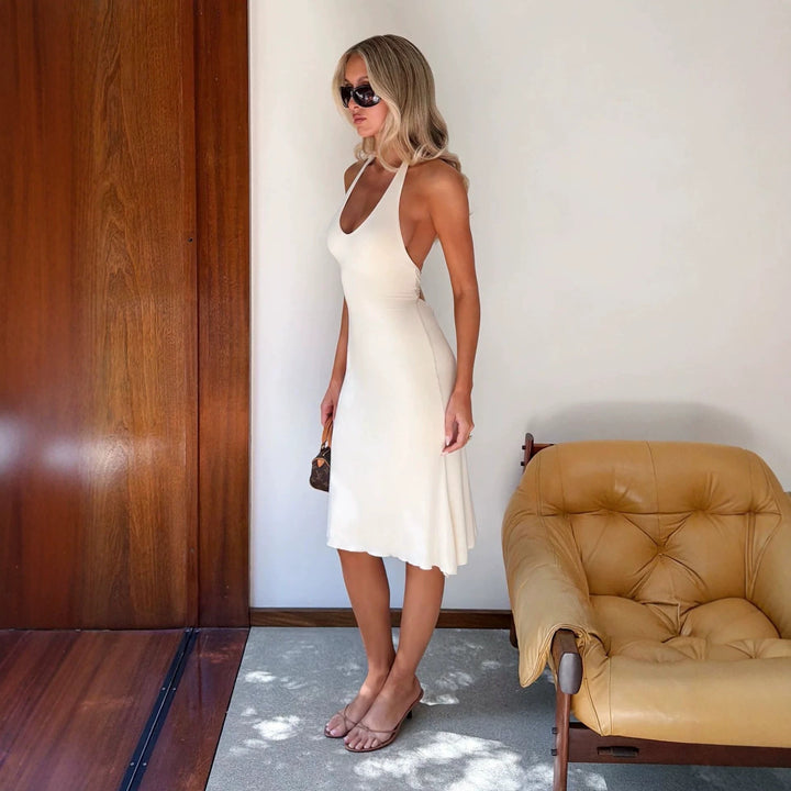Damen Elegantes Maxikleid mit tiefem V-Ausschnitt und fließendem Schnitt Drune