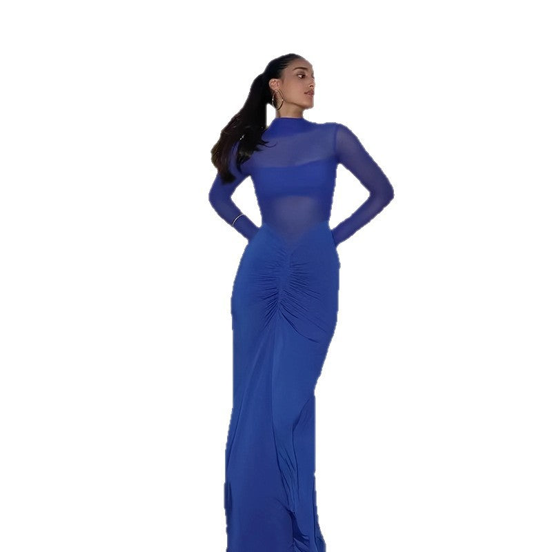 Damen Elegantes Maxikleid mit transparenten Ärmeln und raffinierter Drapierung Drune