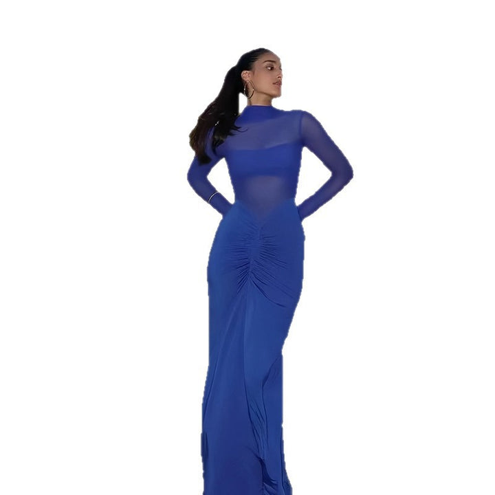 Damen Elegantes Maxikleid mit transparenten Ärmeln und raffinierter Drapierung Drune