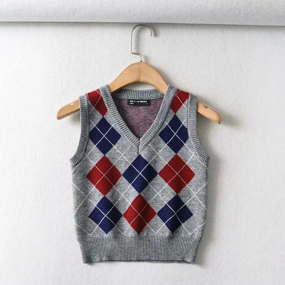Damen Schickes Strickoberteil mit V-Ausschnitt und Karomuster Drune