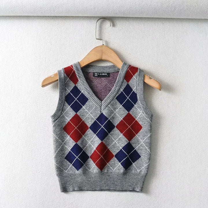 Damen Schickes Strickoberteil mit V-Ausschnitt und Karomuster Drune