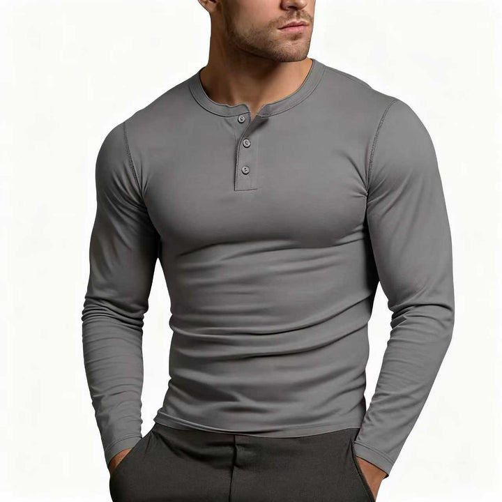 Herren nan tailliertes Langarm-Henley-Shirt aus Baumwollmix mit Knopfleiste Drune
