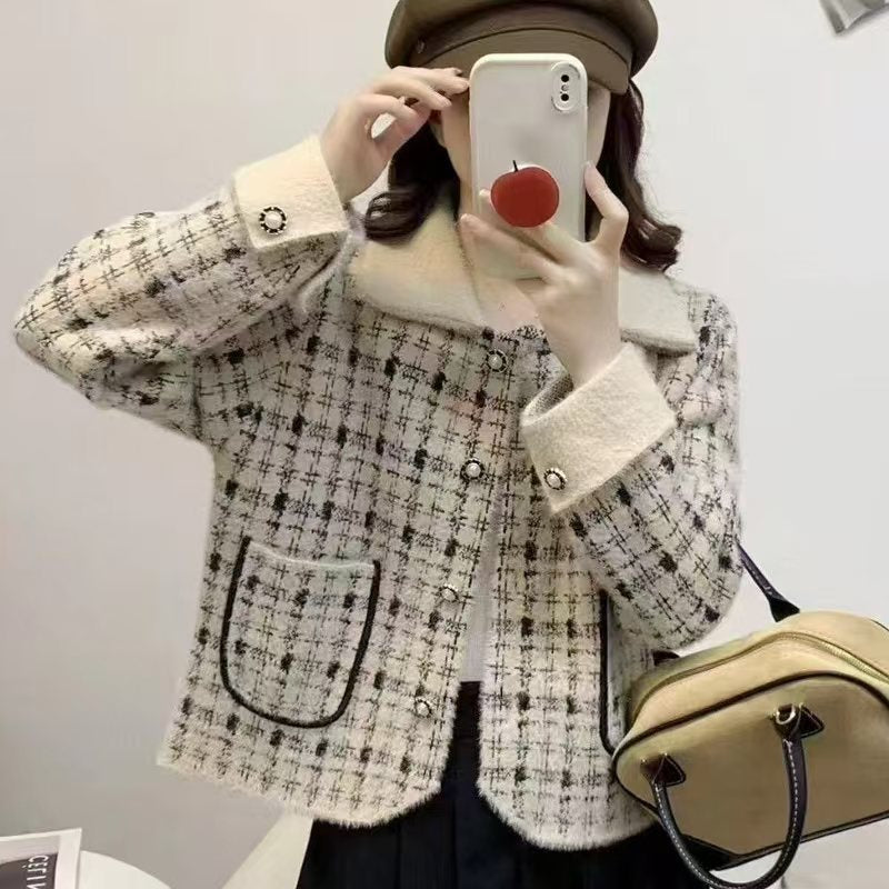 Damen elegante Bouclé-Jacke mit klassischem Karomuster und dekorativen Taschen Drune