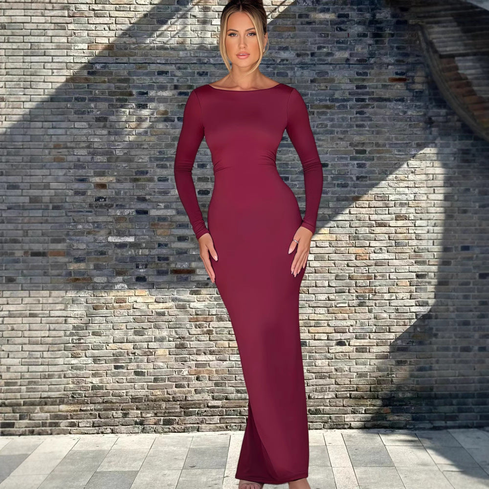 Damen Langarm-Maxikleid mit figurbetonter Silhouette und elegantem Ausschnitt Drune