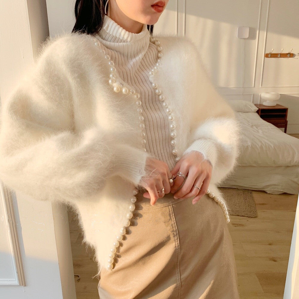Damen Luxuriöse Strickjacke mit Perlendetails und voluminösen Ärmeln Drune