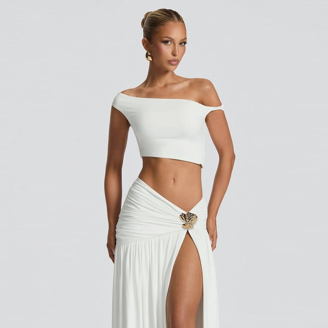 Damen Crop-Oberteil mit schulterfreiem Design und eleganter Drapierung Drune