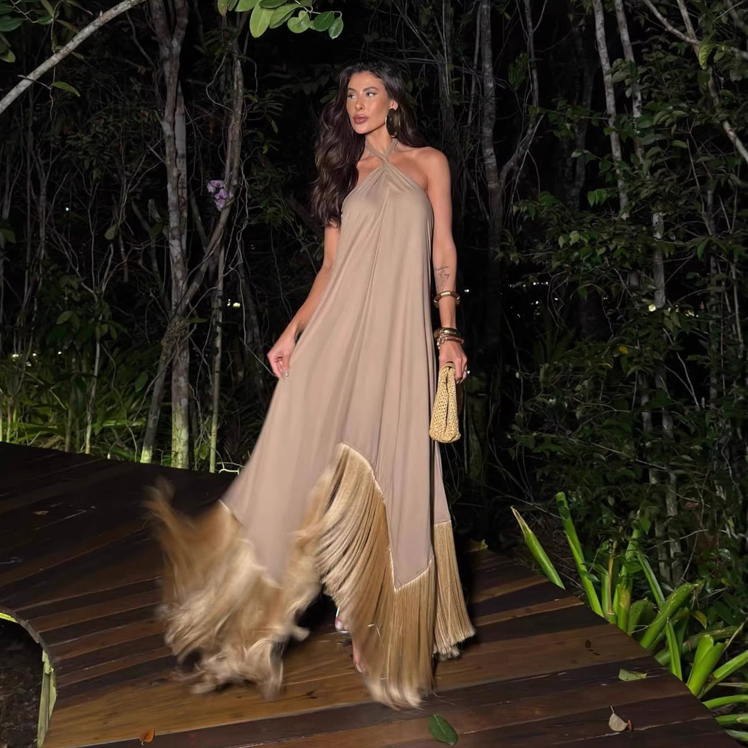 Damen Maxikleid mit elegantem Fransen-Saum und asymmetrischem Design Drune