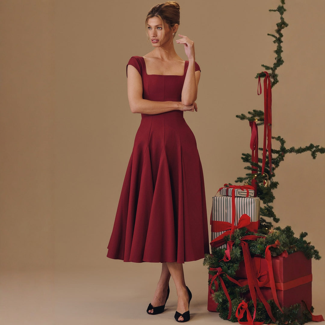Damen Midi-Kleid mit quadratischem Ausschnitt und weit schwingendem Rock Drune