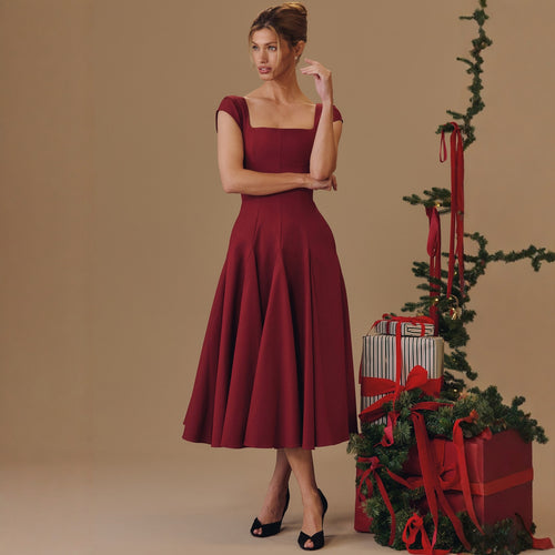 Damen Midi-Kleid mit quadratischem Ausschnitt und weit schwingendem Rock Drune