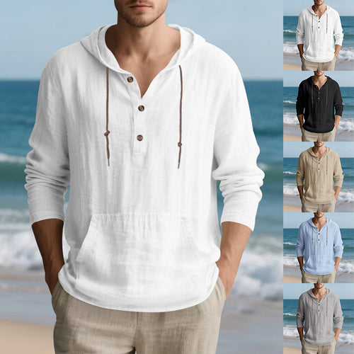 Herren nan leichtes Kapuzen-Henley aus Leinen-Baumwollmix mit Kängurutasche und Knopfleiste Drune