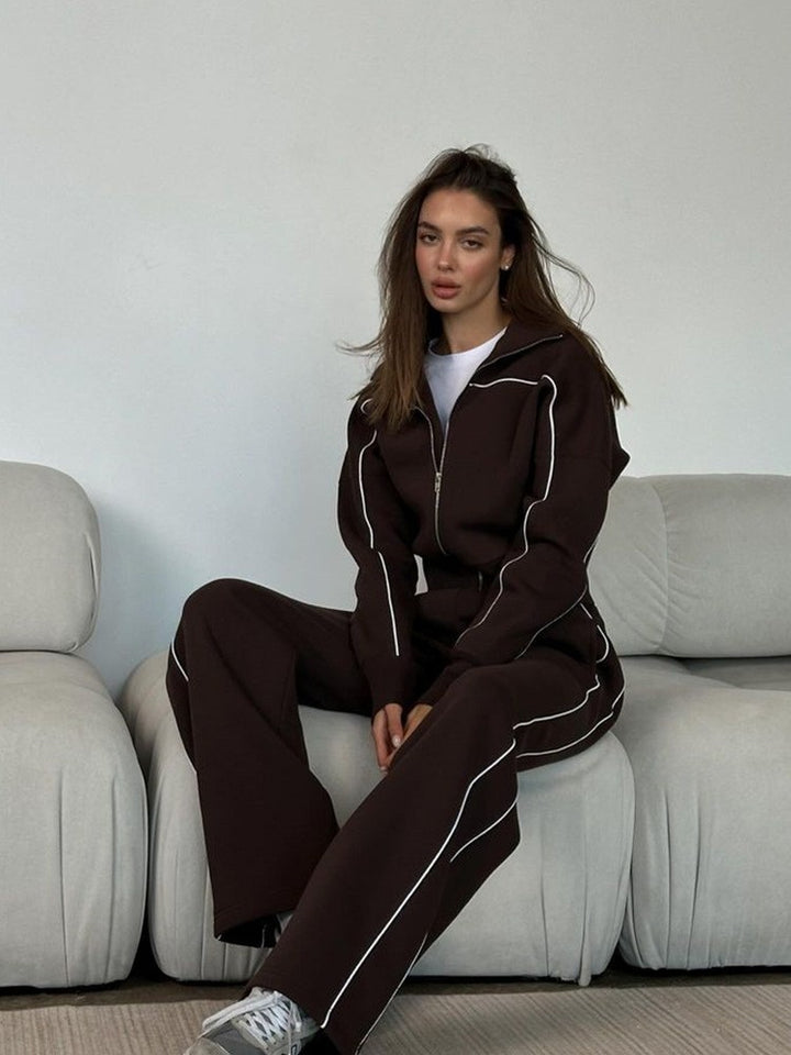 Damen nan zweiteiliges Sport-Loungewear-Set mit Stehkragen und Kontrastpaspel Drune