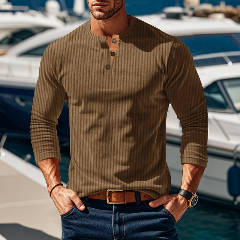 Herren nan gerippter Langarm-Henleypullover mit kurzem Stehkragen und dekorativer Knopfleiste Drune