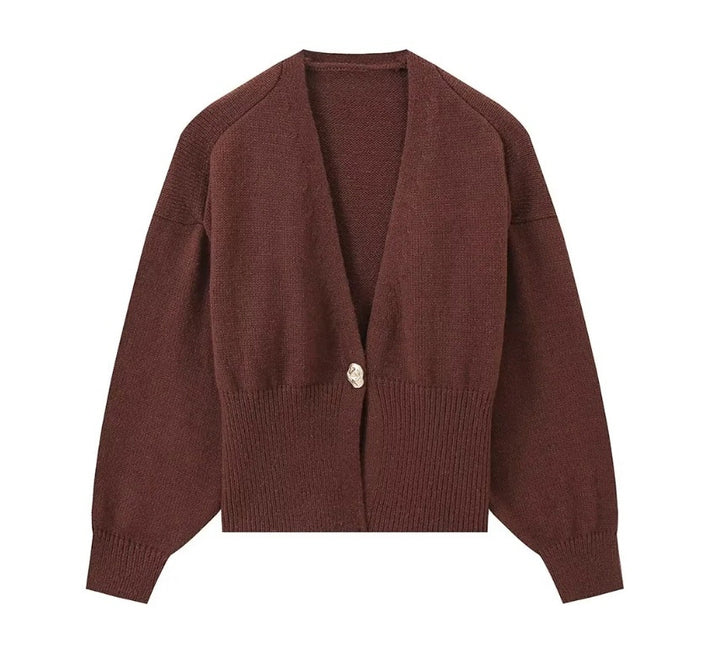 Damen elegante Strickjacke mit tiefem V-Ausschnitt und Knopfdetail Drune