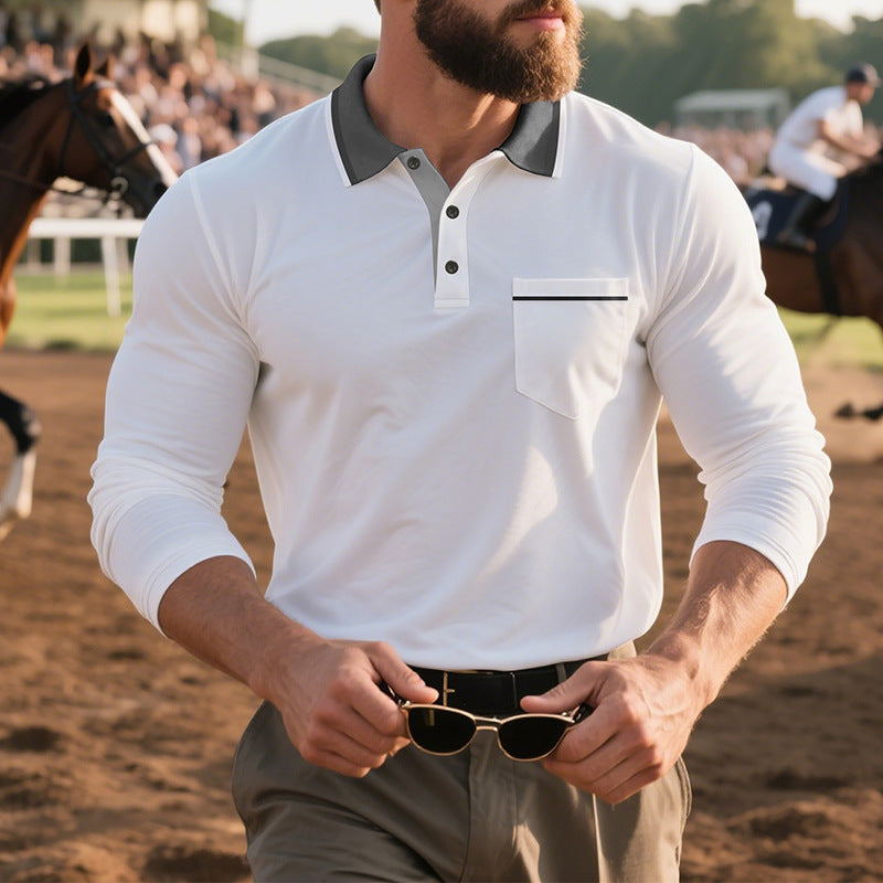 Herren nan langärmeliges Polohemd mit Kontrastkragen, Brusttasche und feinem Baumwollstretch Drune