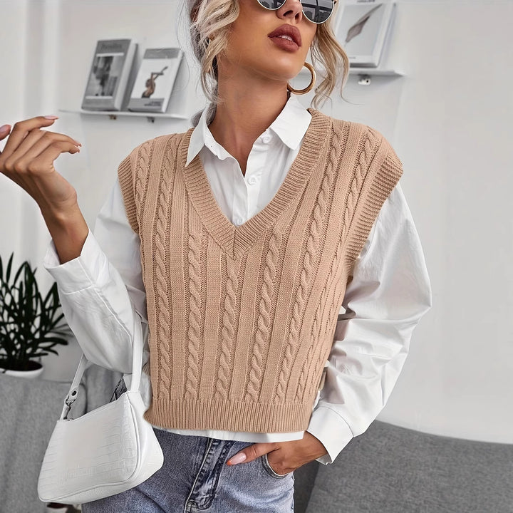 Damen Strickweste mit V-Ausschnitt und Zopfmuster Drune