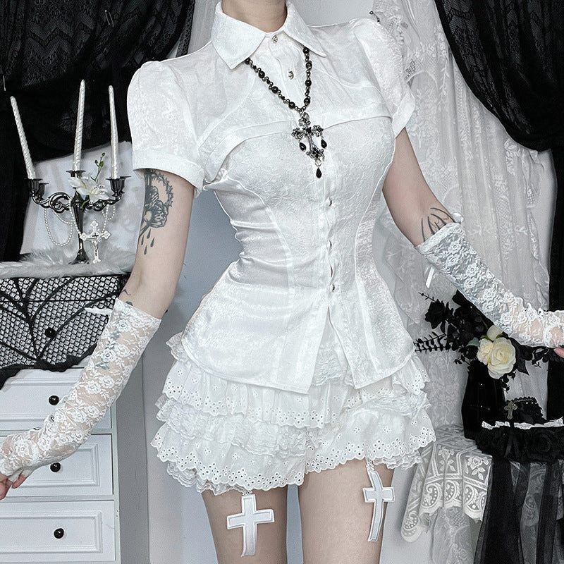 Damen Gothic Spitzenhemd mit eleganten Puffärmeln und Rüschendetails Drune