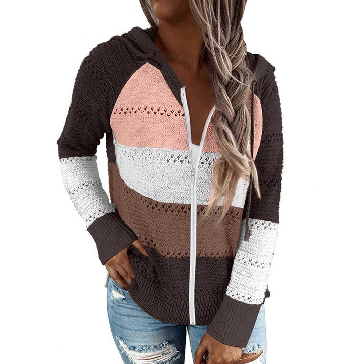 Damen lässige Strickjacke mit Kapuze und dekorativem Lochmuster Drune