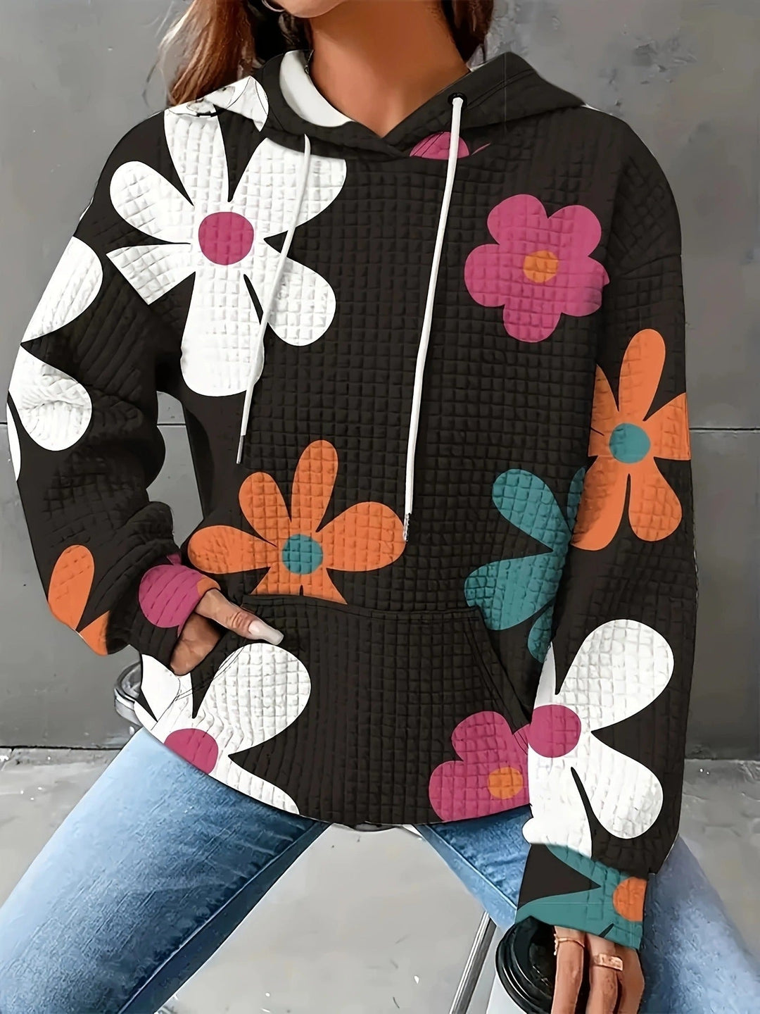 Damen lockerer Kapuzenpullover mit farbenfrohem Blumendesign Drune