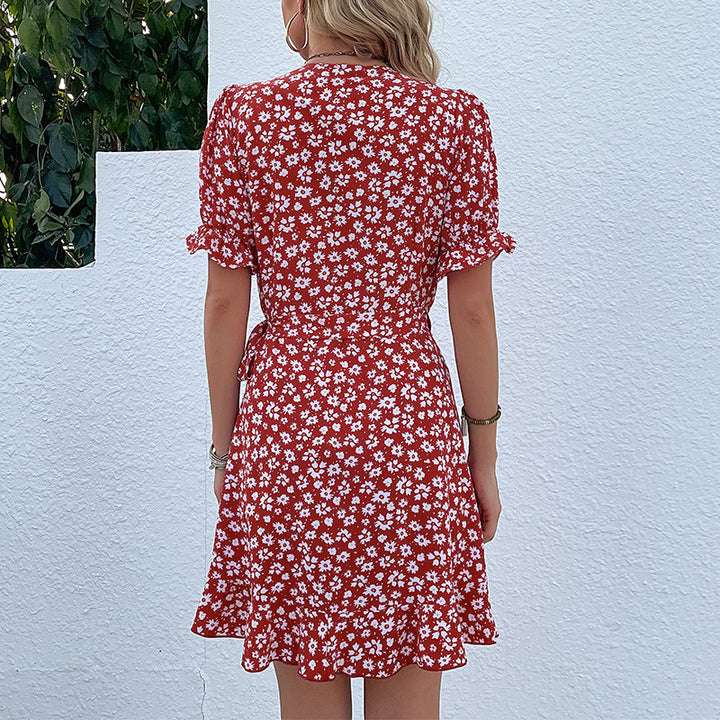 Damen Wickelkleid mit fließendem Rock und süßem Blumenmuster Drune