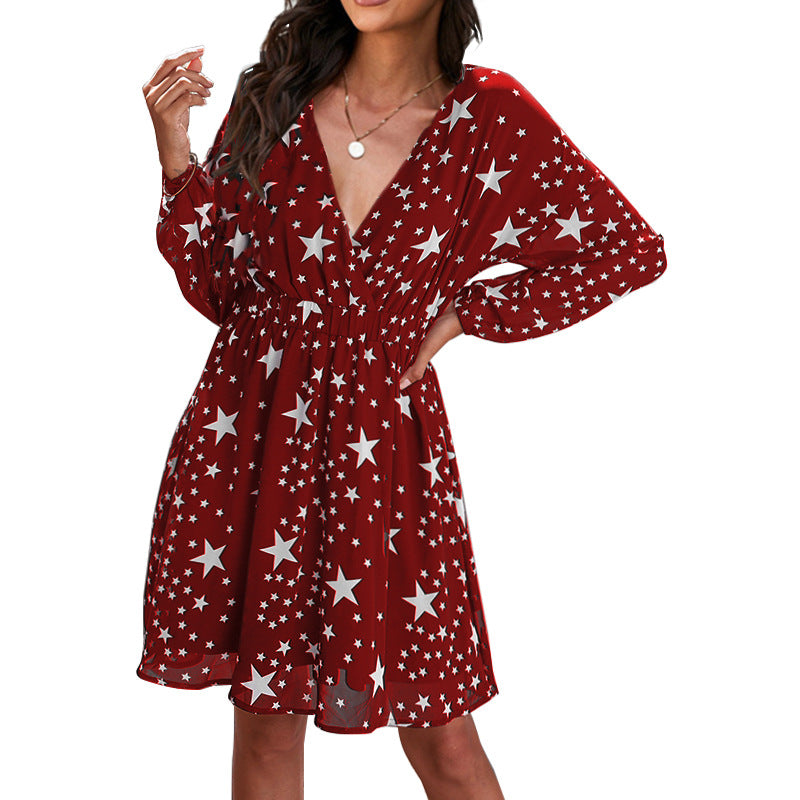 Damen Kleid mit tiefem V-Ausschnitt und modischem Sternenmuster Drune