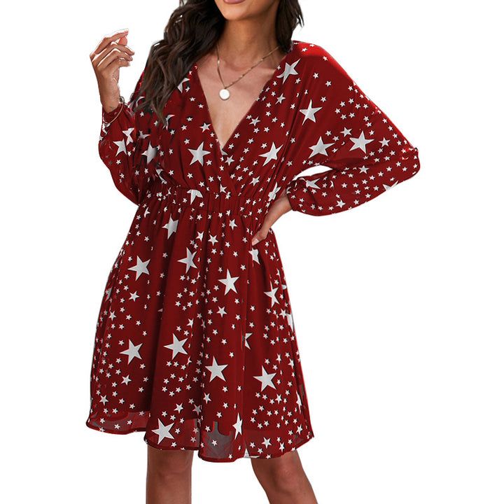 Damen Kleid mit tiefem V-Ausschnitt und modischem Sternenmuster Drune