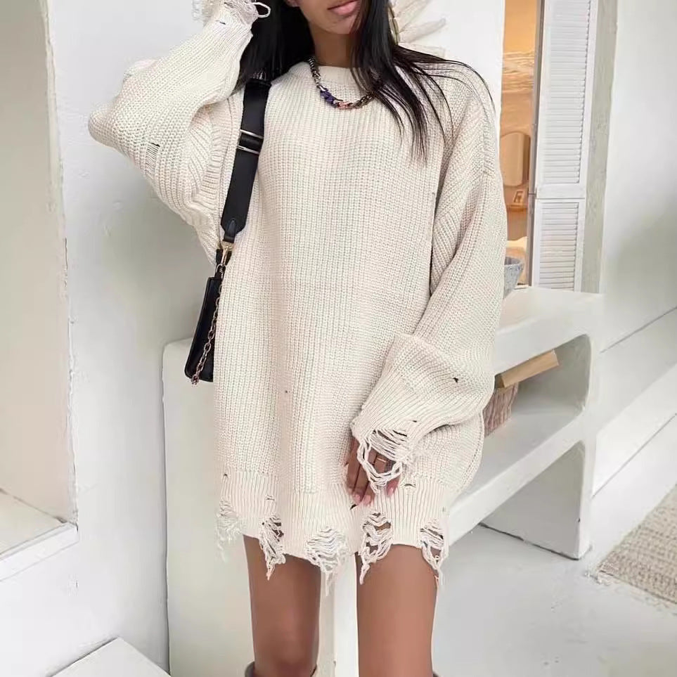 Damen Großer Strickpullover mit distressed Saum Drune