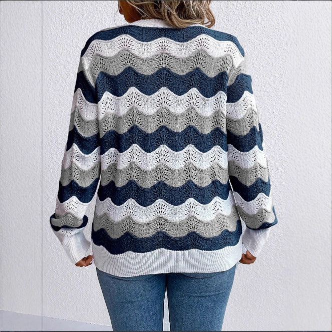 Damen V-Ausschnitt Pullover mit Wellenmuster und luftiger Struktur Drune
