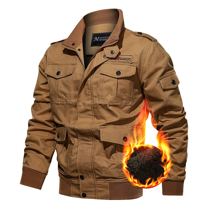 Herren nan winddichte Canvas-Militärjacke mit Teddyfutter, multiplen Klapp- und Reißverschlusstaschen sowie geripptem Saum Drune