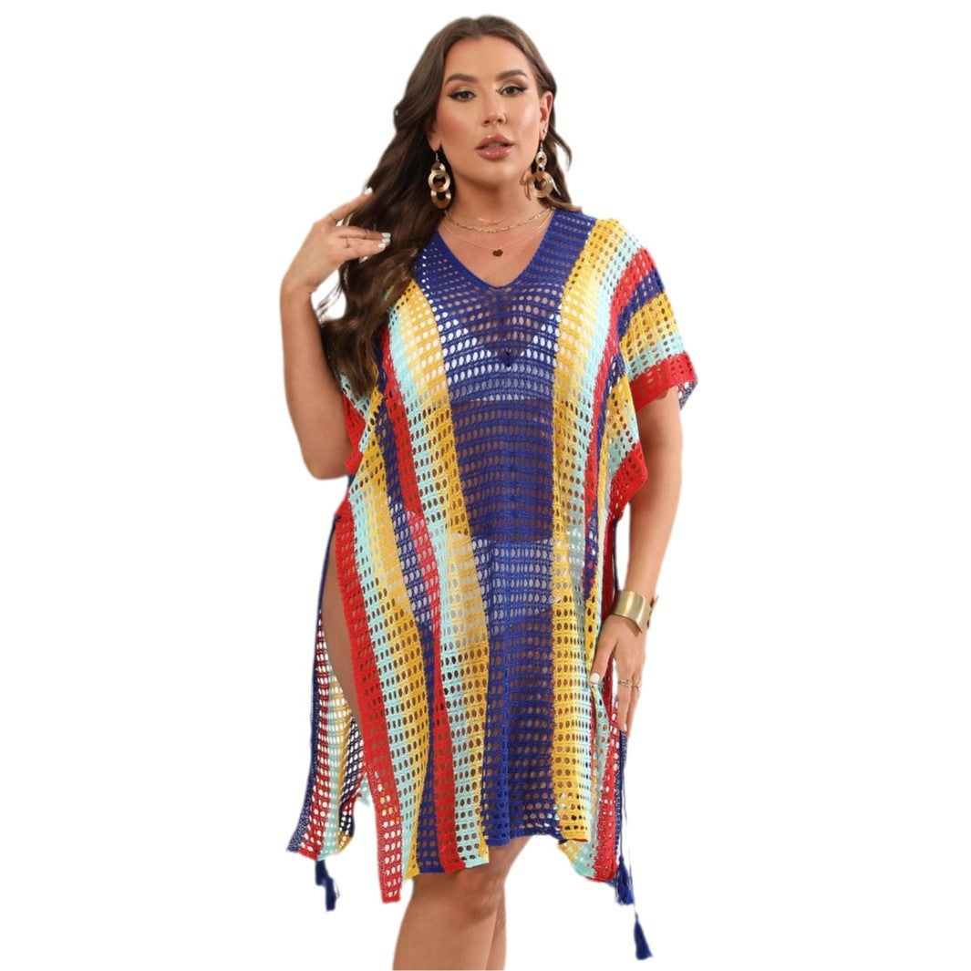 Damen luftiger Häkel-Strandponcho mit modischen Fransen Drune