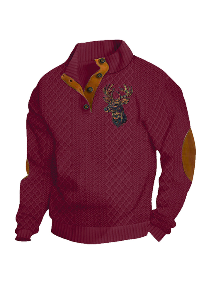 Herren nan Heritage-Strukturpullover mit Stehkragen Lederimitat-Besatz Ellenbogen-Patches und Halbknopfleiste Drune