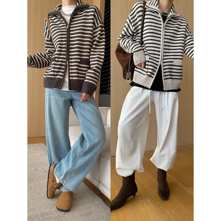Damen lässige Strickjacke mit gestreiftem Design und hoher Kragen Drune