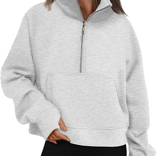 Damen nan verkürztes Oversize-Fleece-Sweat mit halbem Reißverschluss, Stehkragen, Kängurutasche und Daumenlochbündchen Drune
