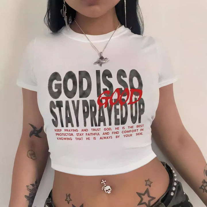 Damen Crop-T-Shirt mit künstlerischem Lippenmotiv und kreativem Druck Drune