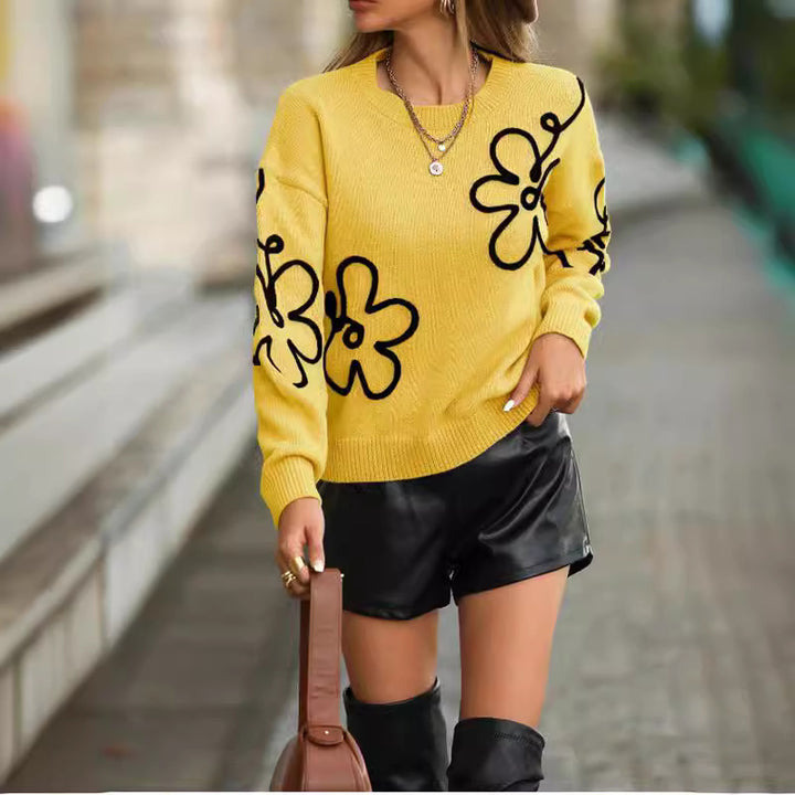 Damen Modischer Strickpullover mit floralen Applikationen und weitem Schnitt Drune