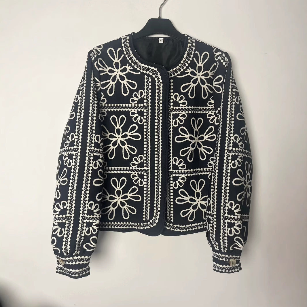 Damen Patchwork-Design Jacke mit floralem Muster und eleganten Applikationen Drune