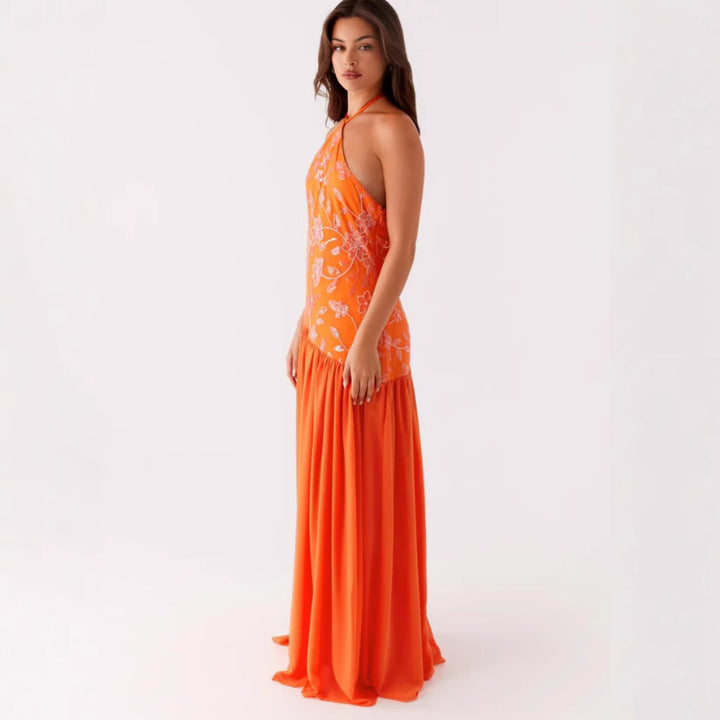 Damen Elegantes Maxikleid mit floralem Print und schwingendem Rock Drune
