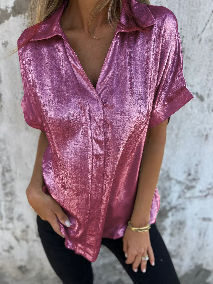 Damen Kurzarm-Seidenbluse mit elegantem Glanz und modischem Revers Drune